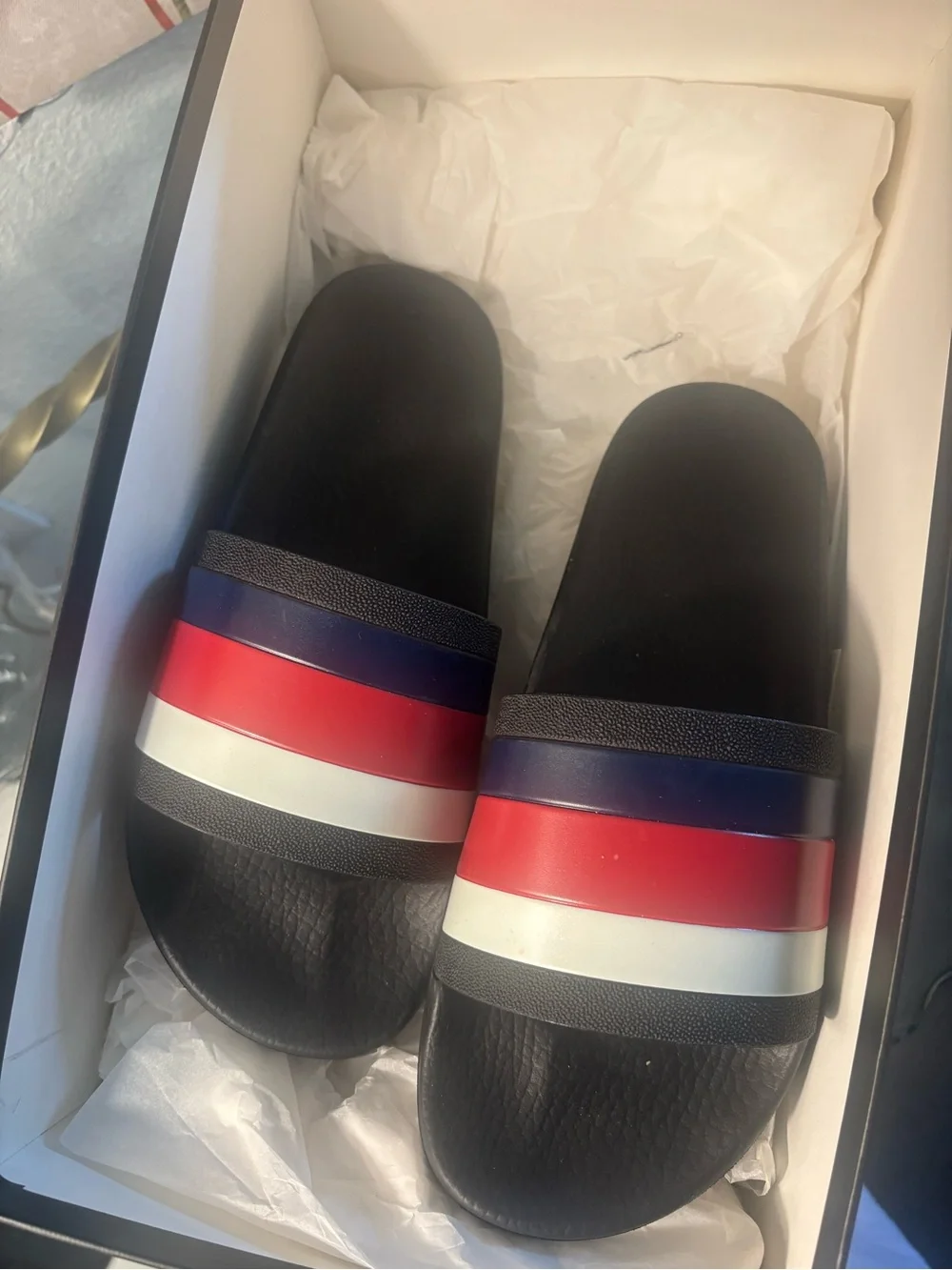 Gucci Black Slide Sandals with Red-White-Blue Stripes